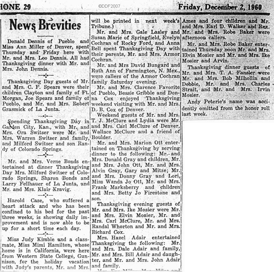 Thanksgiving 1960 news briefs, Fowler, Colorado