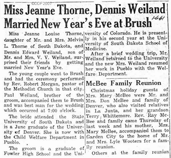 Jeanne Thorne, Dennis Weiland married